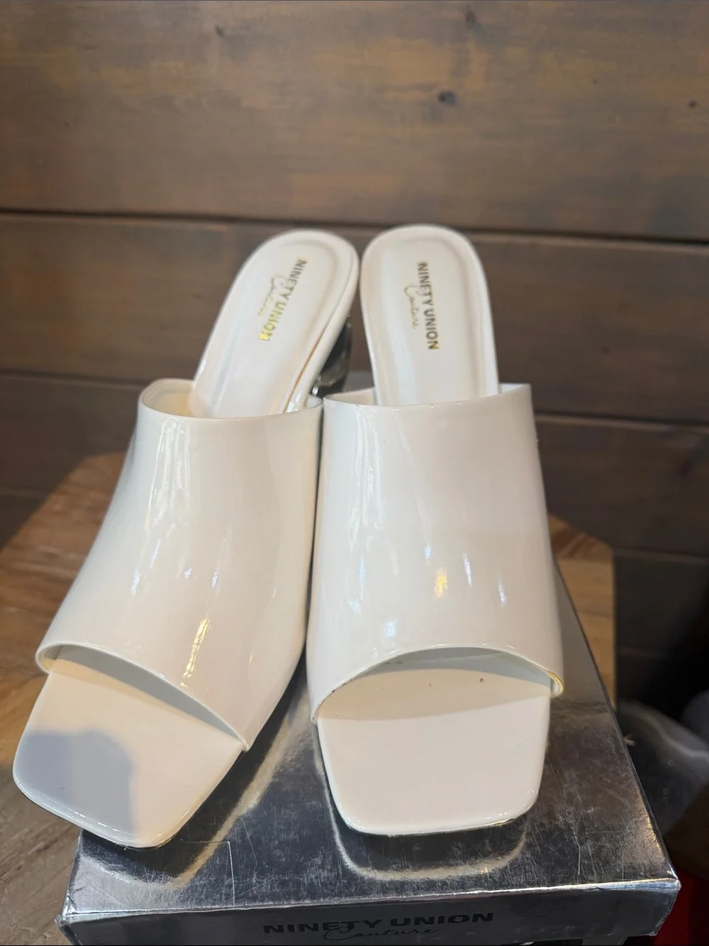Ladies White Patent Slide Sandal with Sculpted Gold Heel